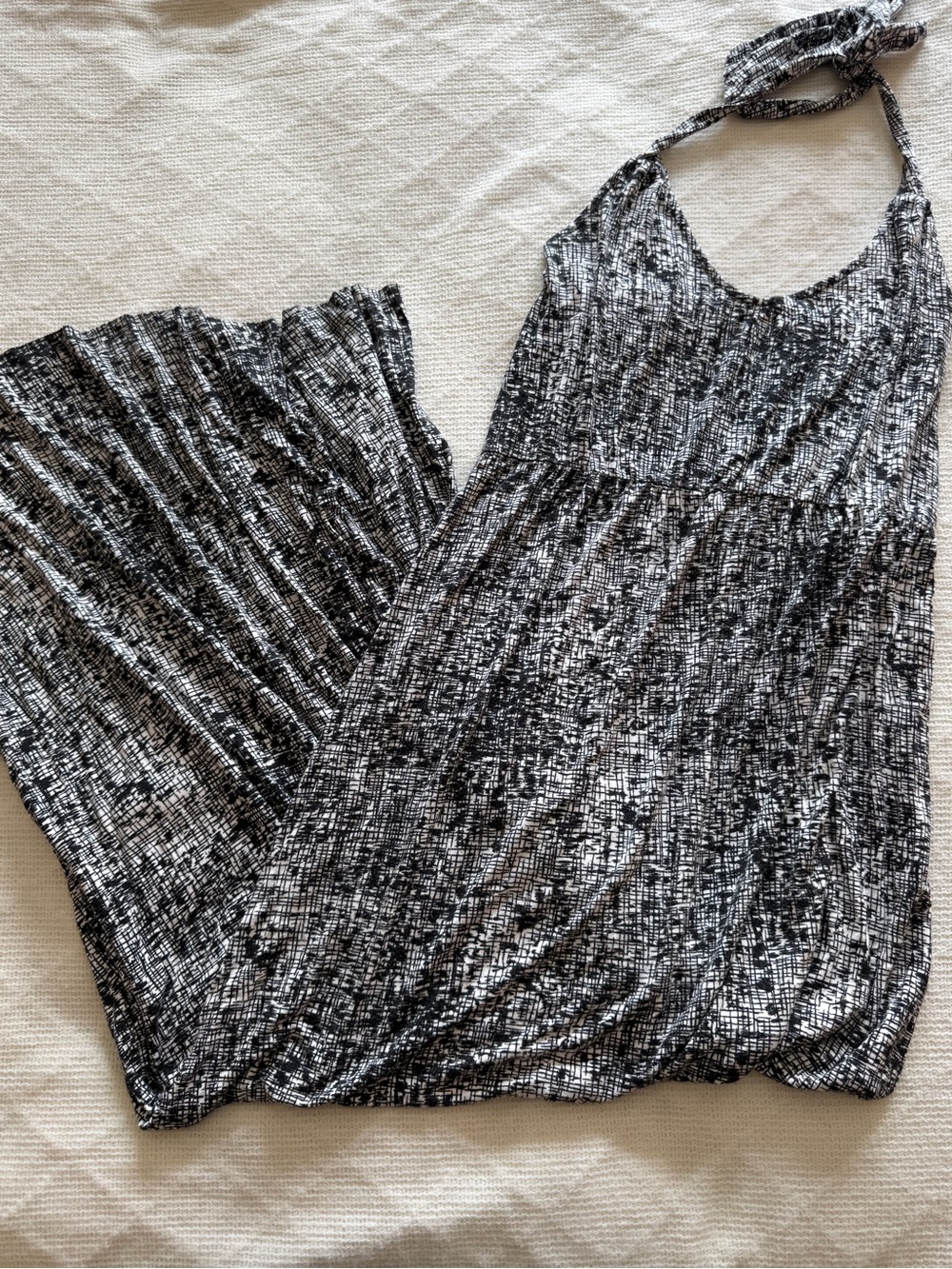 Clayton Black and White Abstract Crosshatch Halter Maxi Dress